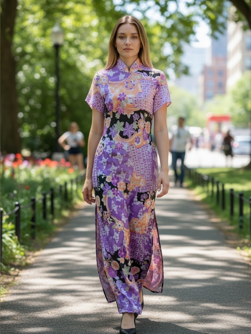 Vintage Purple Floral Qipao Column Dress